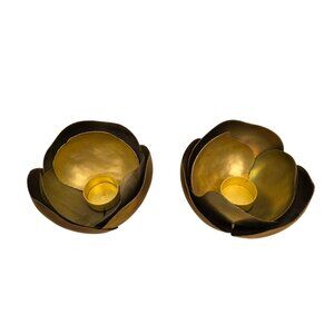 Flower Satin Brass Copper Votive Candle Holders Set Of Two Vintage
